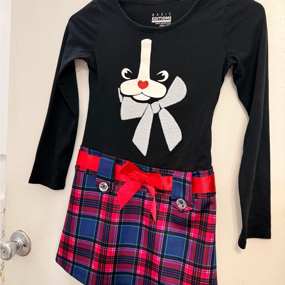 Basic Editions Black Top with Plaid Skirt and Red Bow